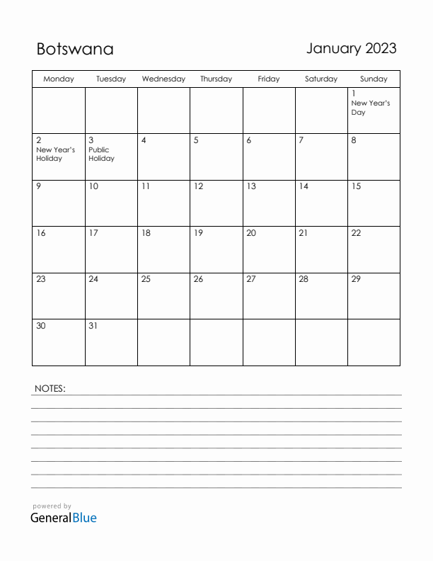 January 2023 Botswana Calendar with Holidays (Monday Start)