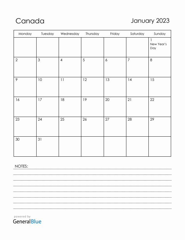 January 2023 Canada Calendar with Holidays (Monday Start)