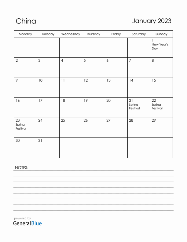 January 2023 China Calendar with Holidays (Monday Start)