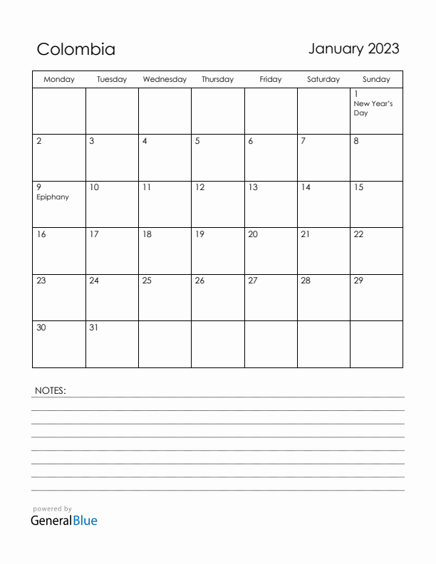 January 2023 Colombia Calendar with Holidays (Monday Start)