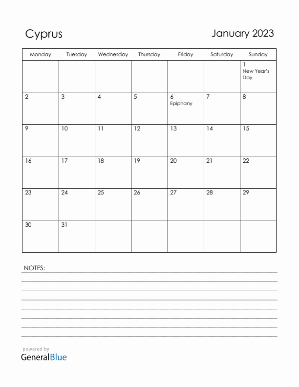 January 2023 Cyprus Calendar with Holidays (Monday Start)
