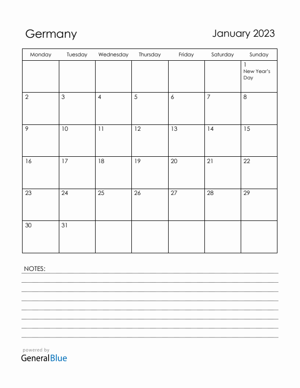 January 2023 Germany Calendar with Holidays (Monday Start)