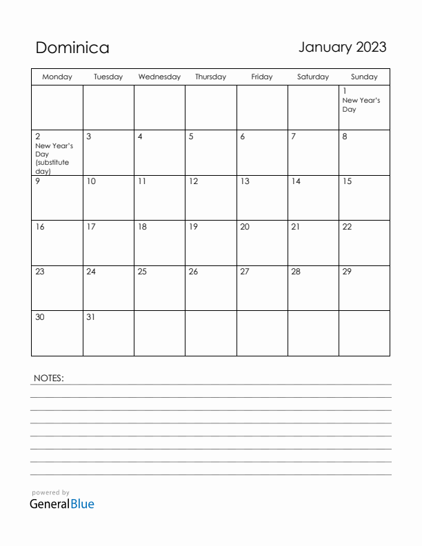 January 2023 Dominica Calendar with Holidays (Monday Start)