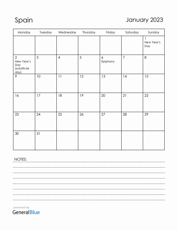 January 2023 Spain Calendar with Holidays (Monday Start)