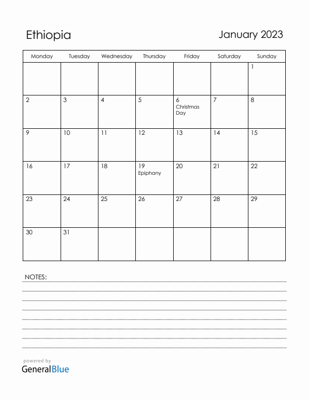 January 2023 Ethiopia Calendar with Holidays (Monday Start)