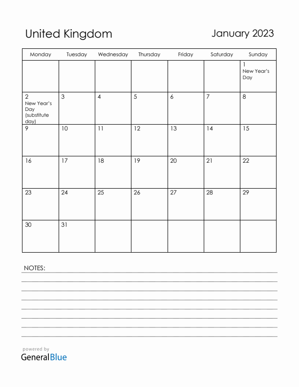 January 2023 United Kingdom Calendar with Holidays (Monday Start)