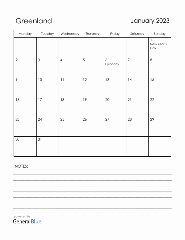 January 2023 Greenland Calendar with Holidays (Monday Start)