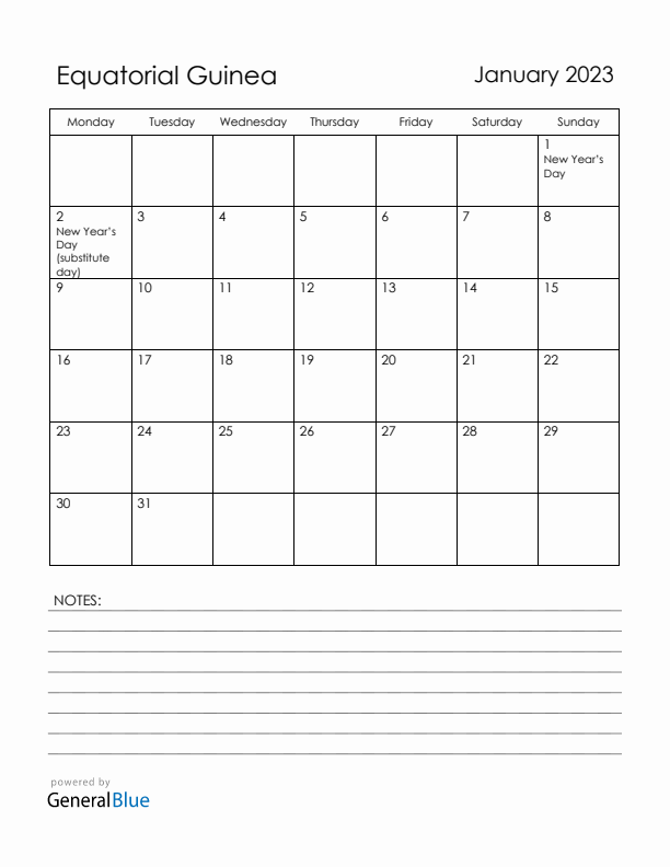 January 2023 Equatorial Guinea Calendar with Holidays (Monday Start)