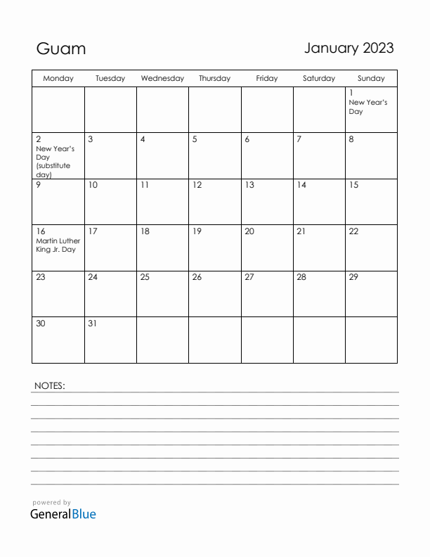 January 2023 Guam Calendar with Holidays (Monday Start)