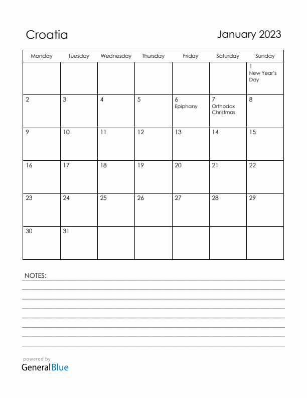 January 2023 Croatia Calendar with Holidays (Monday Start)