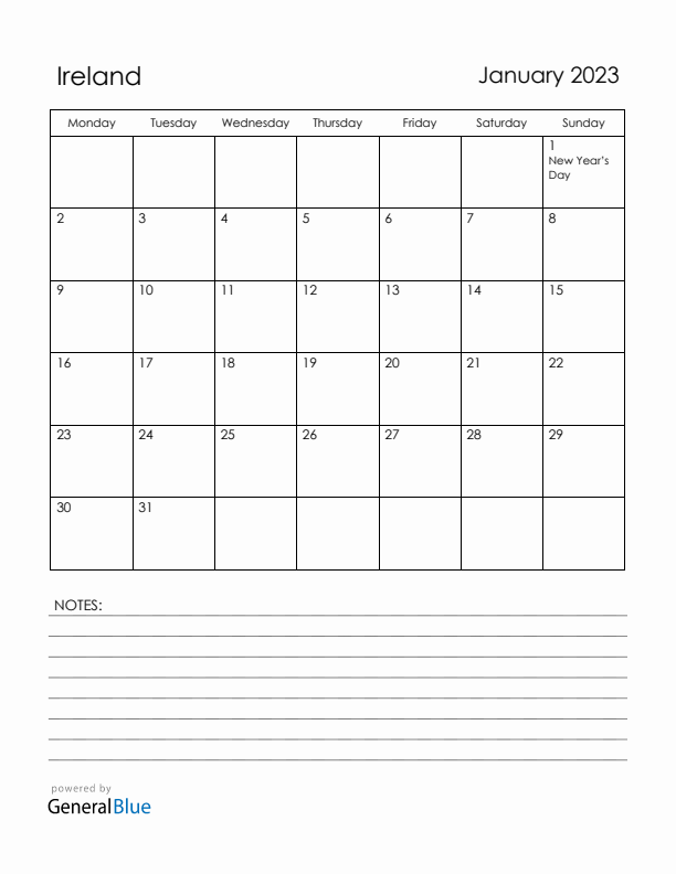 January 2023 Ireland Calendar with Holidays (Monday Start)