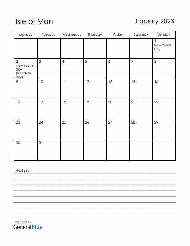 January 2023 Isle of Man Calendar with Holidays (Monday Start)