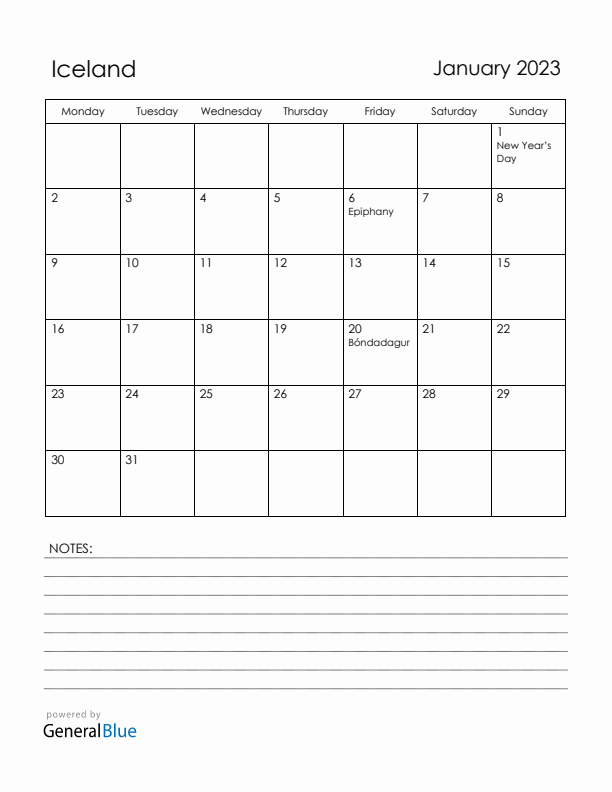 January 2023 Iceland Calendar with Holidays (Monday Start)