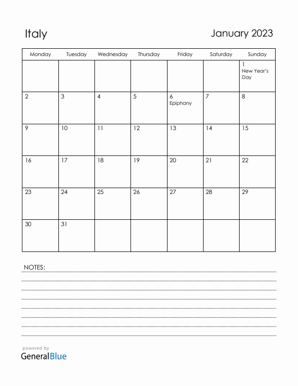 January 2023 Italy Calendar with Holidays (Monday Start)