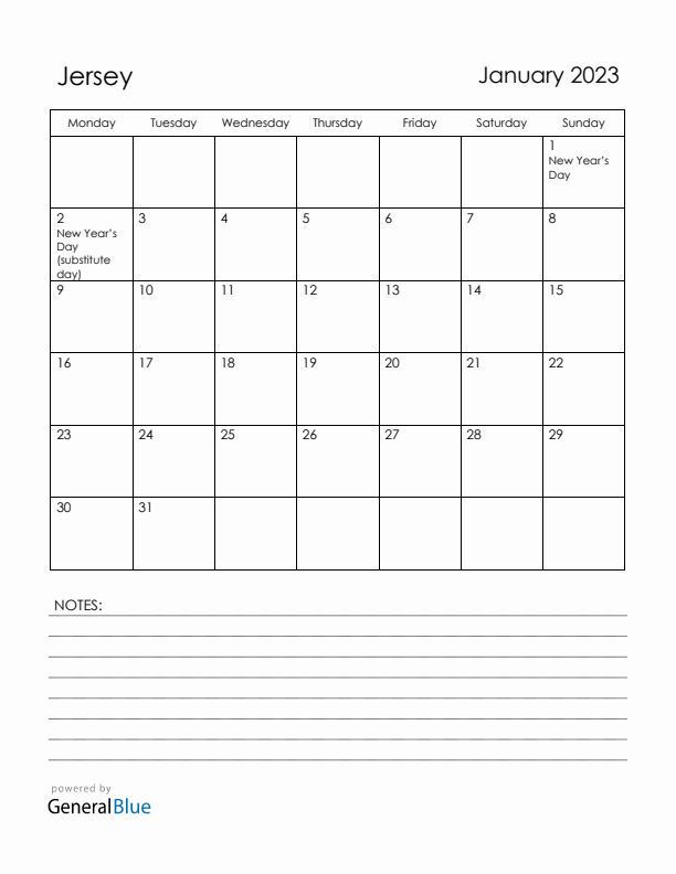 January 2023 Jersey Calendar with Holidays (Monday Start)