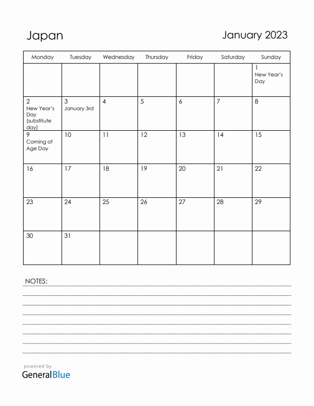 January 2023 Japan Calendar with Holidays (Monday Start)