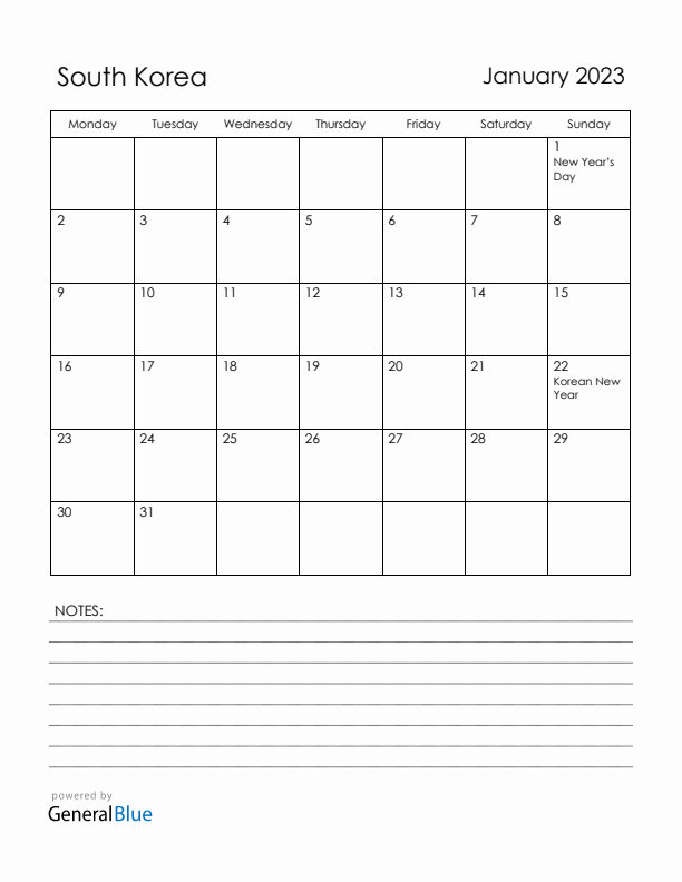 January 2023 South Korea Calendar with Holidays (Monday Start)