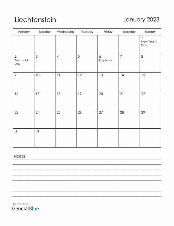 January 2023 Liechtenstein Calendar with Holidays (Monday Start)