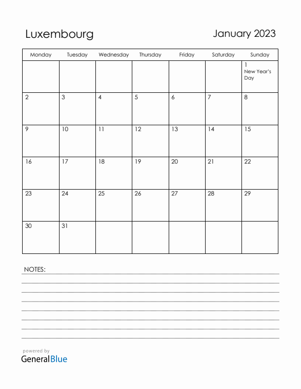 January 2023 Luxembourg Calendar with Holidays (Monday Start)