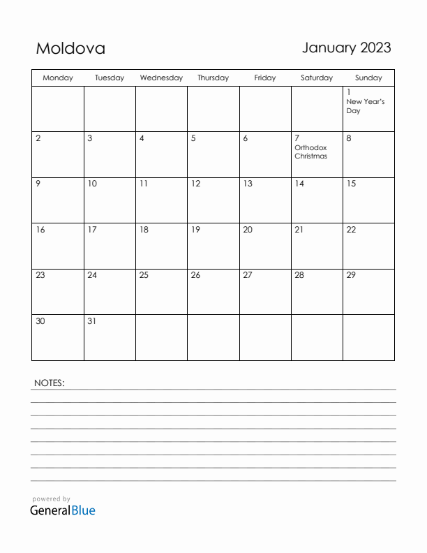 January 2023 Moldova Calendar with Holidays (Monday Start)