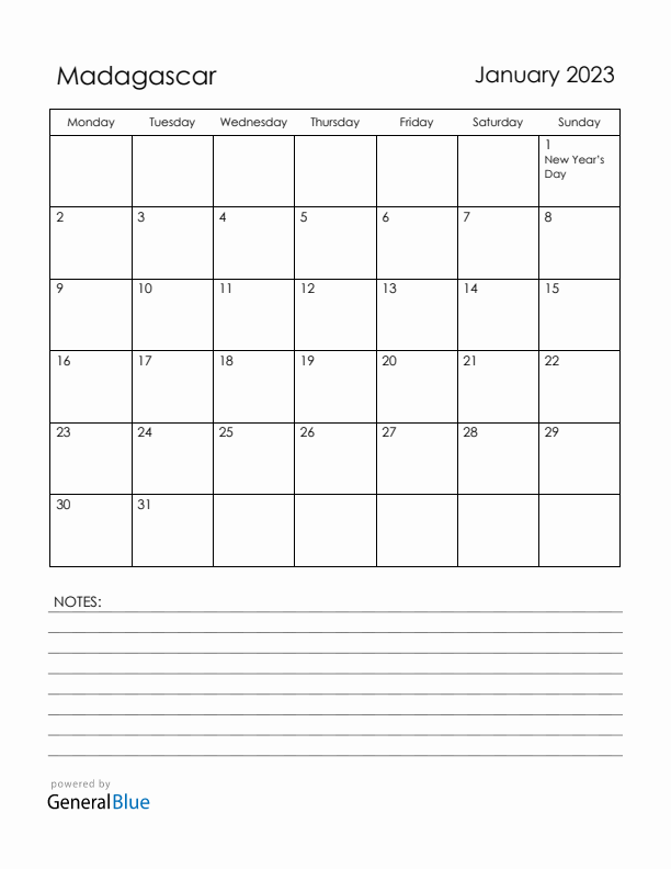 January 2023 Madagascar Calendar with Holidays (Monday Start)