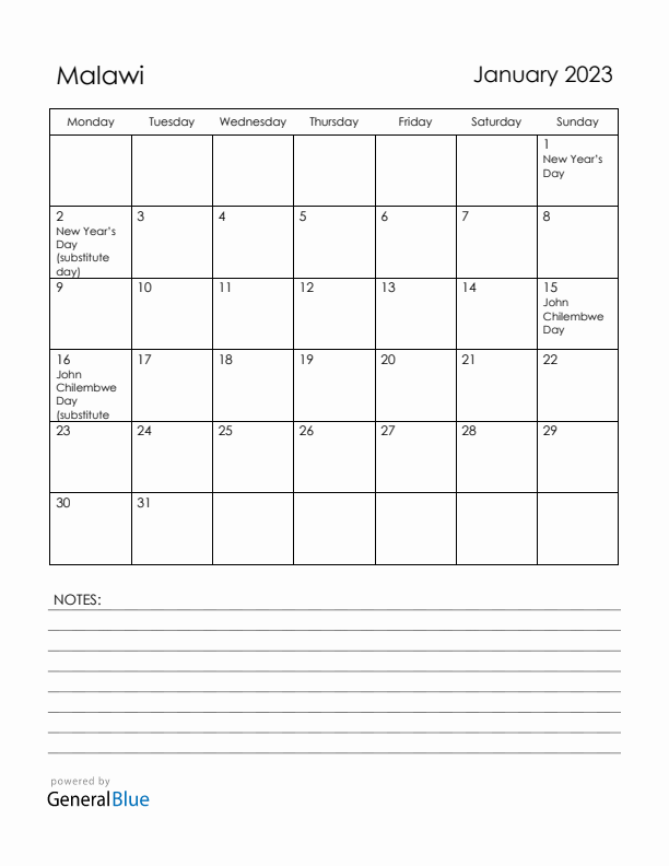 January 2023 Malawi Calendar with Holidays (Monday Start)