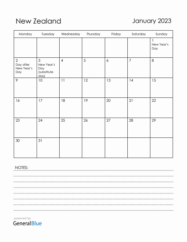 January 2023 New Zealand Calendar with Holidays (Monday Start)