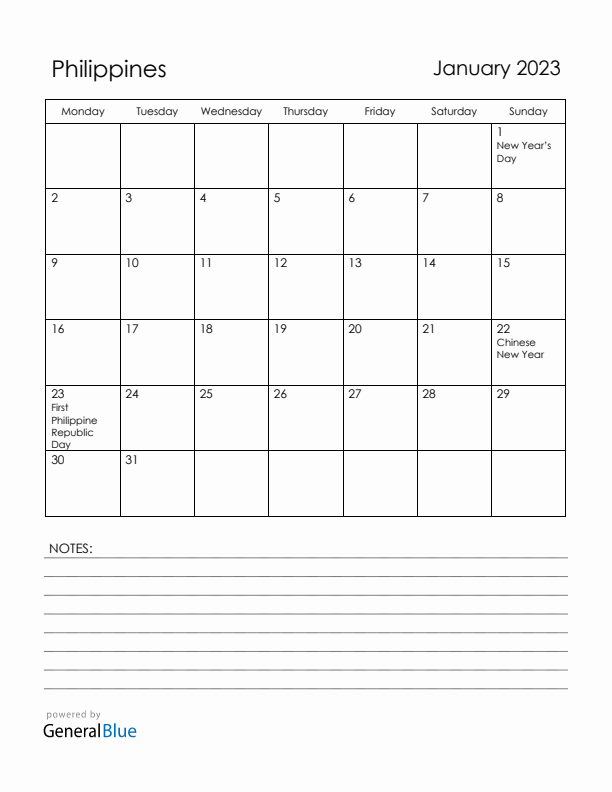 January 2023 Philippines Calendar with Holidays (Monday Start)