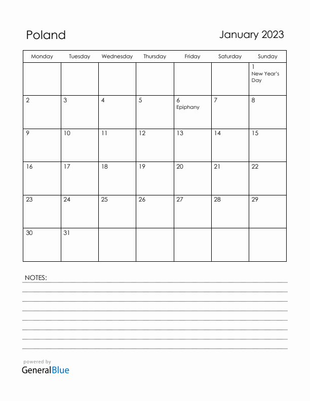 January 2023 Poland Calendar with Holidays (Monday Start)