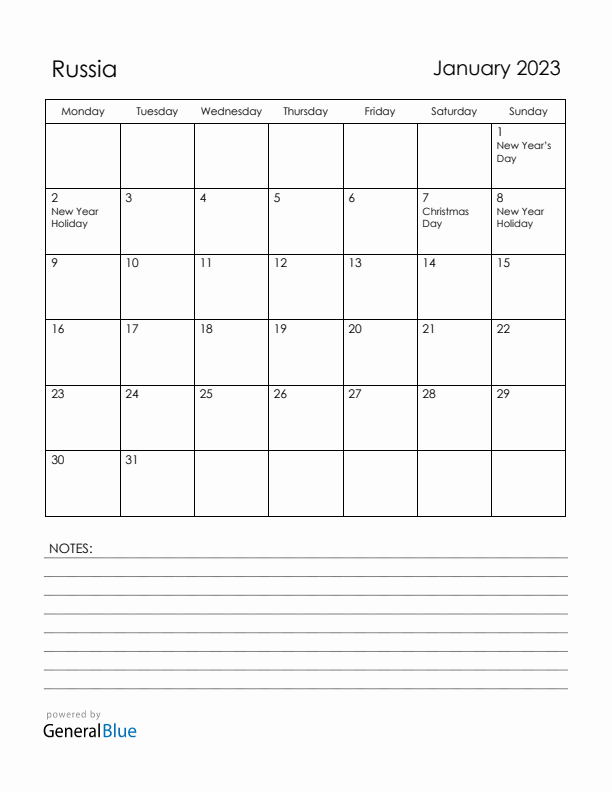 January 2023 Russia Calendar with Holidays (Monday Start)