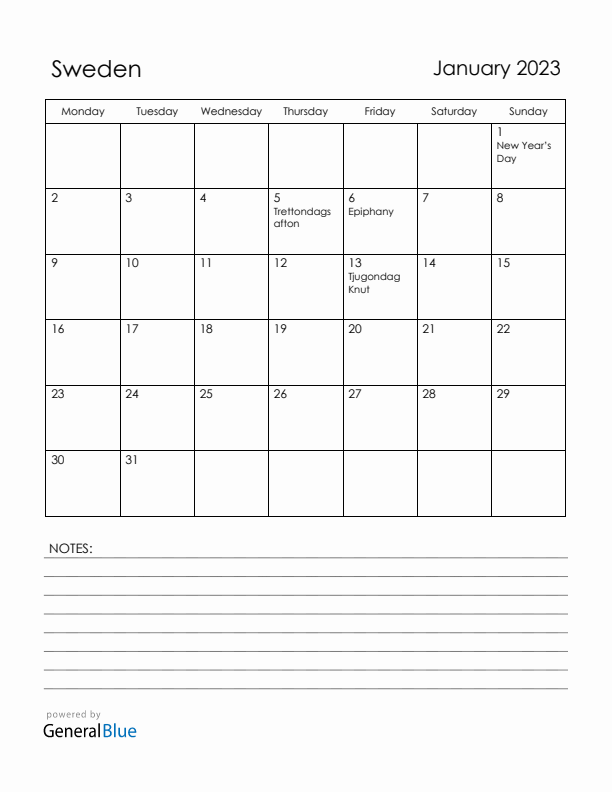 January 2023 Sweden Calendar with Holidays (Monday Start)