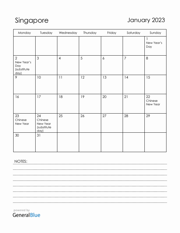 January 2023 Singapore Calendar with Holidays (Monday Start)