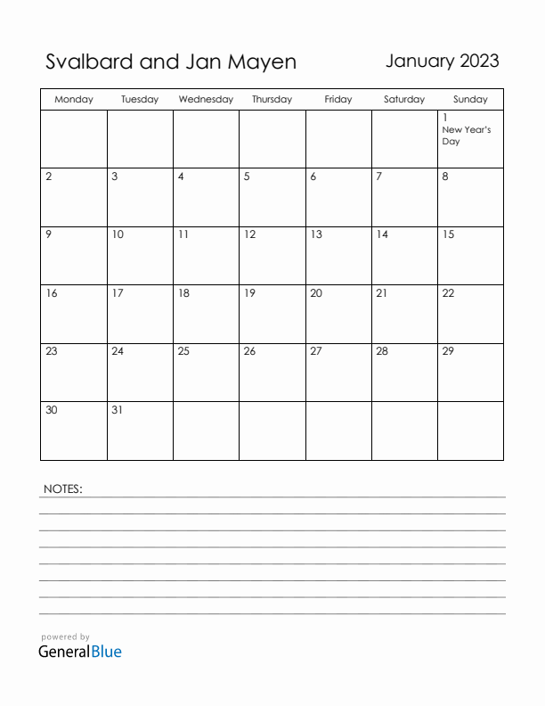 January 2023 Svalbard and Jan Mayen Calendar with Holidays (Monday Start)