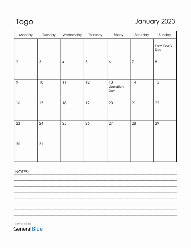 January 2023 Togo Calendar with Holidays (Monday Start)