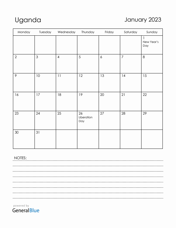 January 2023 Uganda Calendar with Holidays (Monday Start)