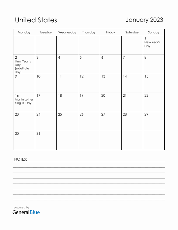 January 2023 United States Calendar with Holidays (Monday Start)