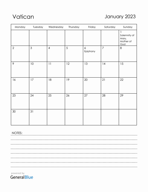 January 2023 Vatican Calendar with Holidays (Monday Start)