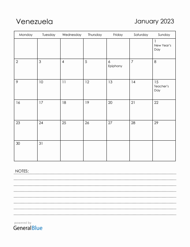 January 2023 Venezuela Calendar with Holidays (Monday Start)