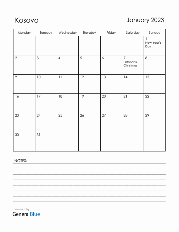 January 2023 Kosovo Calendar with Holidays (Monday Start)