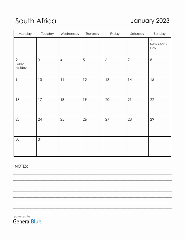 January 2023 South Africa Calendar with Holidays (Monday Start)
