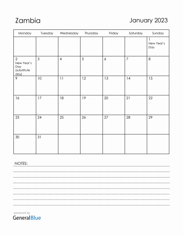 January 2023 Zambia Calendar with Holidays (Monday Start)