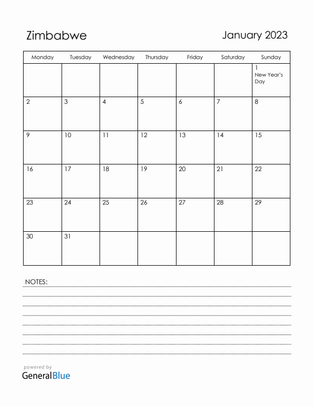 January 2023 Zimbabwe Calendar with Holidays (Monday Start)