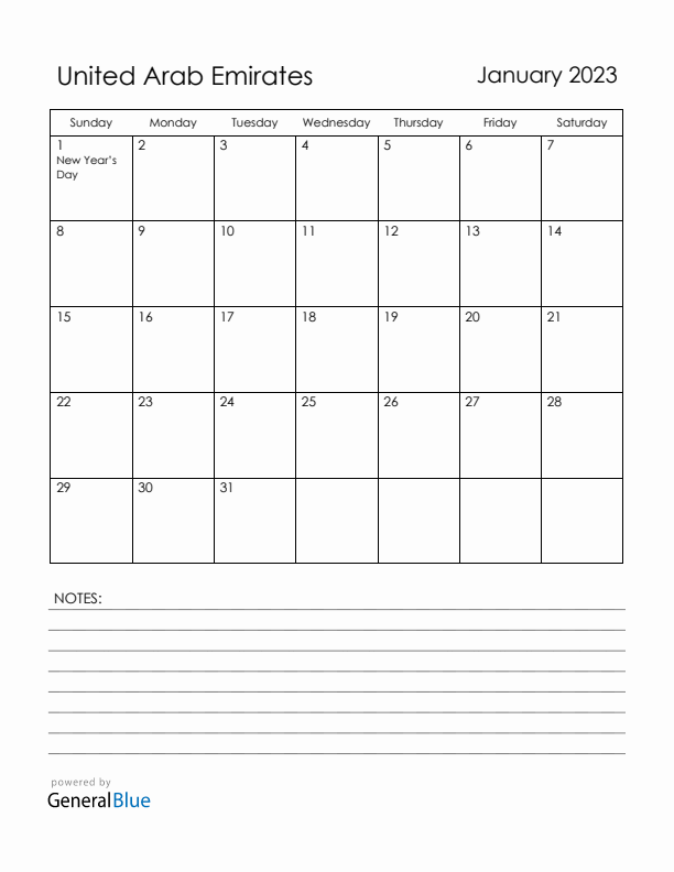 January 2023 United Arab Emirates Calendar with Holidays (Sunday Start)