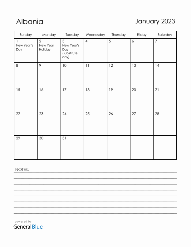January 2023 Albania Calendar with Holidays (Sunday Start)