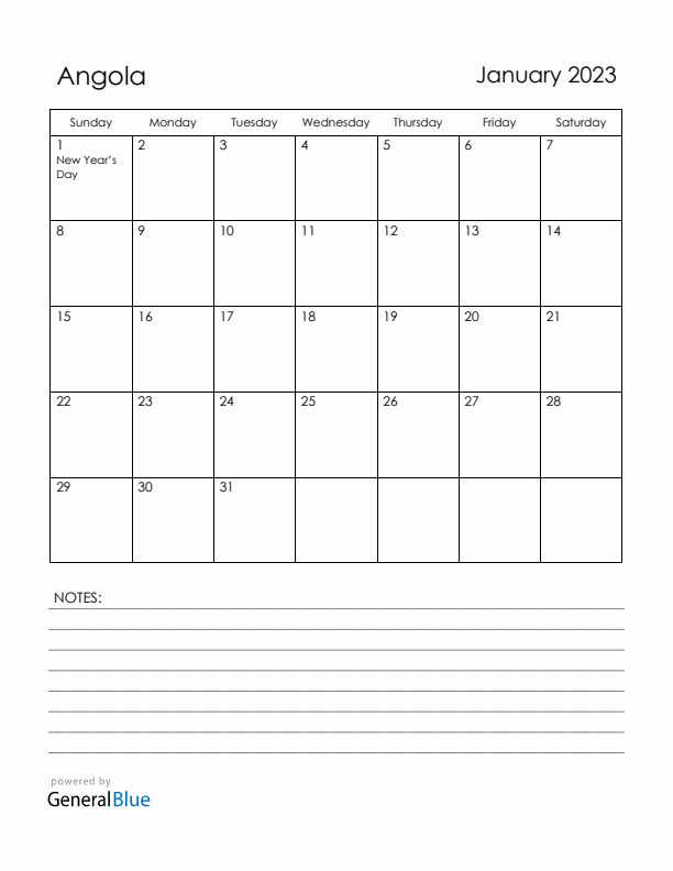 January 2023 Angola Calendar with Holidays (Sunday Start)