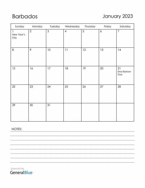 January 2023 Barbados Calendar with Holidays (Sunday Start)