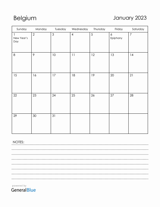 January 2023 Belgium Calendar with Holidays (Sunday Start)