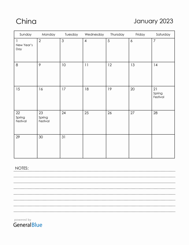 January 2023 China Calendar with Holidays (Sunday Start)