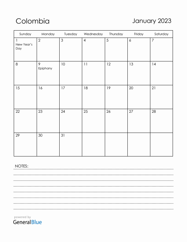 January 2023 Colombia Calendar with Holidays (Sunday Start)