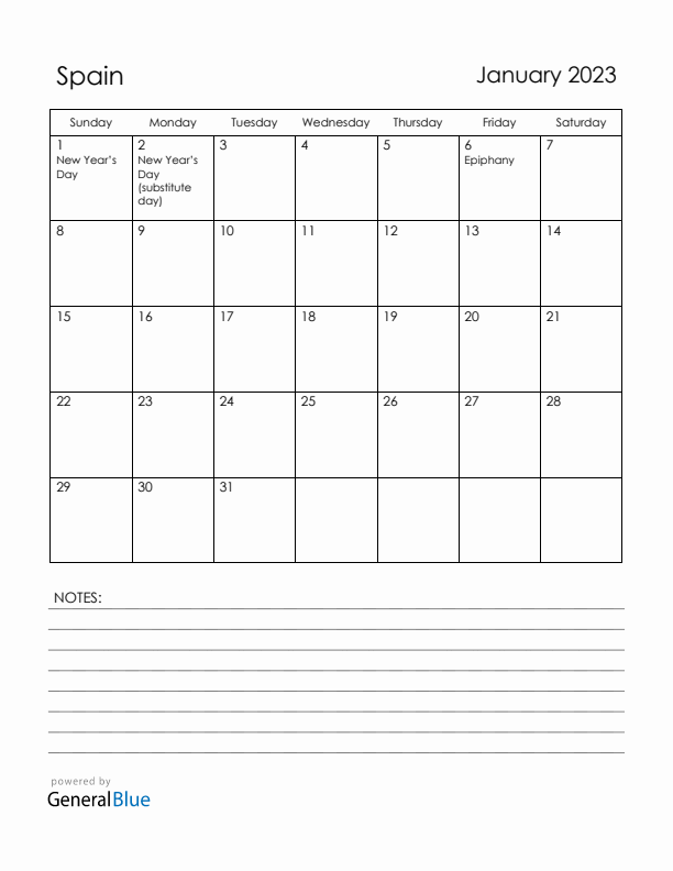 January 2023 Spain Calendar with Holidays (Sunday Start)